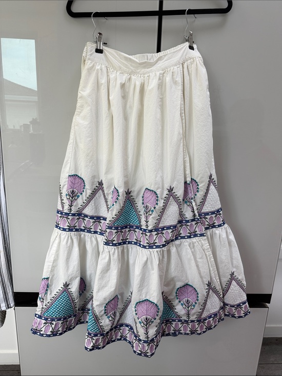 Anthropologie Dresses & Skirts - Anthropology White Embroidered Tiered Skirt with Purple & Teal Accents